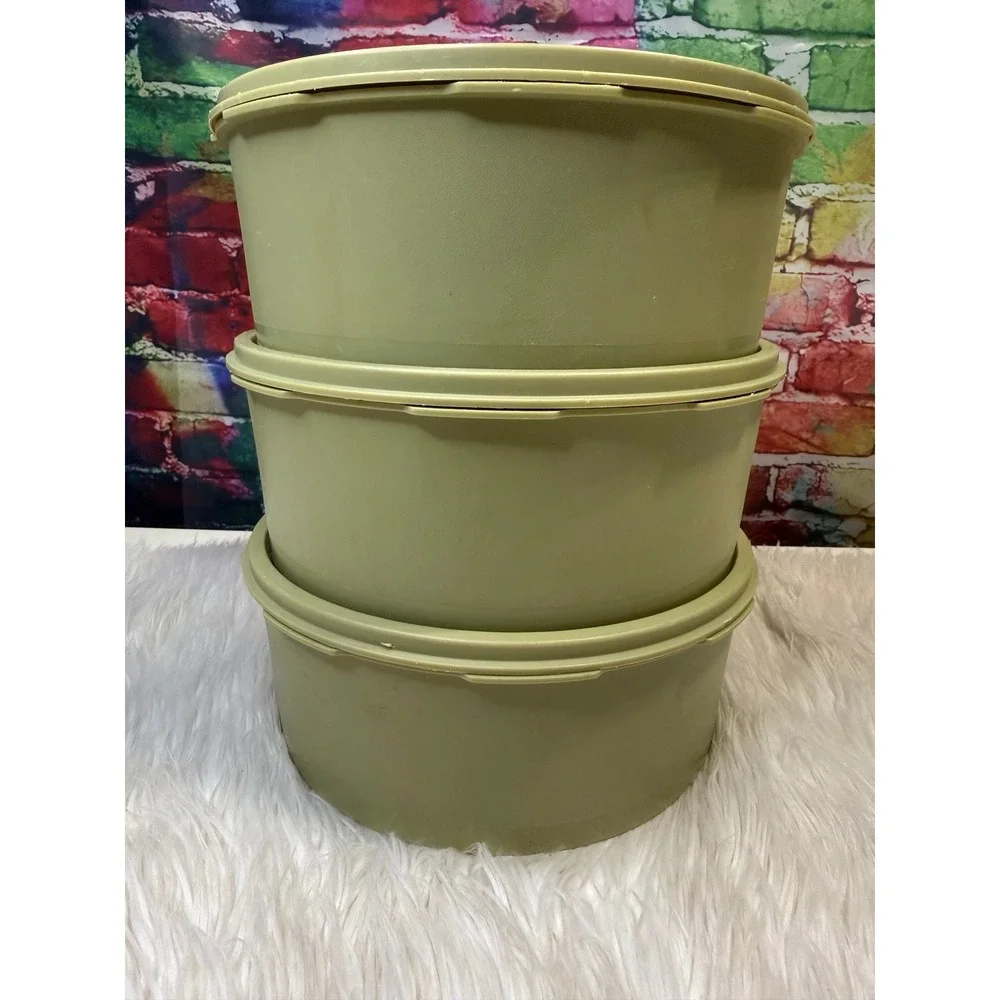 Vintage Tupperware Servalier Set of 3 Avocado Green White Starburst Canisters